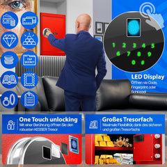 KESSER® Elektrische kluis met vingerafdruk en sleutel S, inclusief noodaccu, elektronische kluis, 3x dubbele boutvergrendeling, vloer wandkluis, meubelkluis, pantserkast met cijferslot, rood