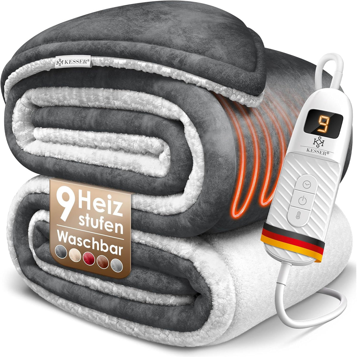 KESSER® Elektrische deken met automatische uitschakeling, 160 x 120 cm, dubbelzijdig elektrische warmtedeken, knuffeldeken, bed, bank, 9 temperatuurniveaus, wasbaar tot 40 °C, met timer, digitaal