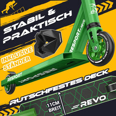 RE:SPORT Revo Stuntstep, voor kinderen en volwassenen, met standaard, 100 mm, PU-wielen & Y-bar, ABEC 9 kogellagers, step, groen
