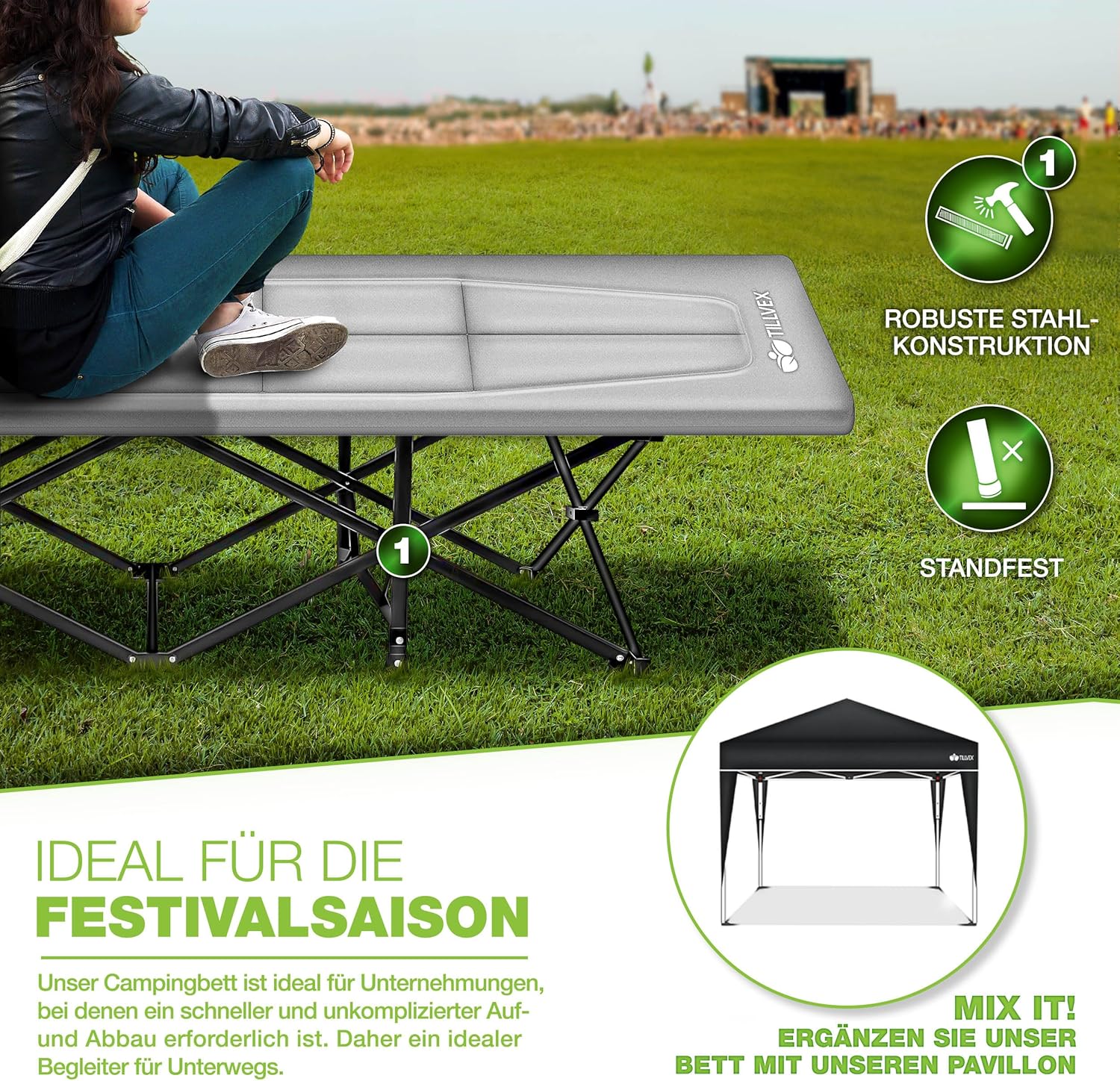 Veldbed - 1 Persoons - Kampeerbed - Stretcher - Grijs - Tillvex®
