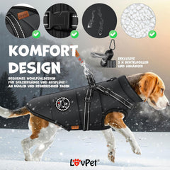 LOVPET® Hondenjas, hondenjas met harnas, incl. 45 stuks poepzakken + dispenser, gevoerd wintervest, waterdicht, gevoerd vest met borstriem, reflectoren, D-ring 2XL, zwart