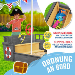 KIDIZ® Zandbak AHOI - piratenschip boot zeilschip van hout incl. afdekking, grondzeil, zitbank, vlaggenmast, speelgoed | grote kinderzandbak voor de tuin | outdoor zandbak antraciet