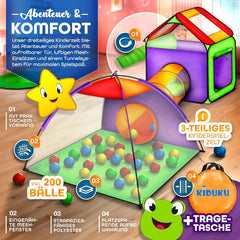 Kiduku Pop Up Speeltent voor kinderen, speelhuis + kruiptunnel + 200 ballen + tas, voor binnen en buiten
