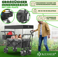 KESSER® XXL bolderkar, opvouwbaar, met dak, GT9000, inklapbare handwagen tot 150 kg, voor kinderen, strand, camping en tuin, grote transportwagen met hardrubberen wielen, remmen voor en achter +