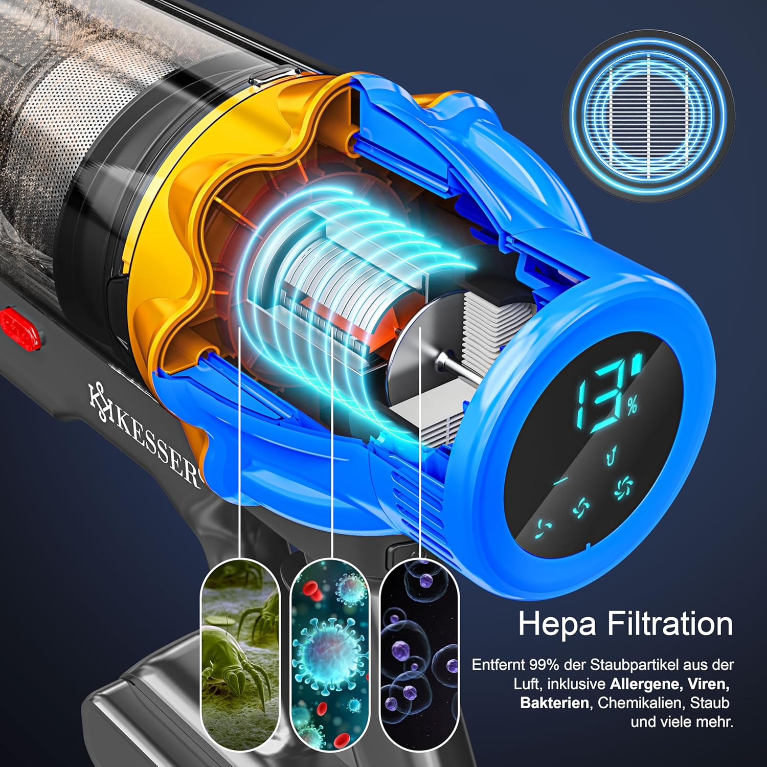 KESSER® Accustofzuiger draadloos tot 70 min. looptijd & stil | accustofzuiger met led-display, stofzuiger zonder zak, met anti-klit-vloerborstel voor harde vloeren, tapijt, dierenharen