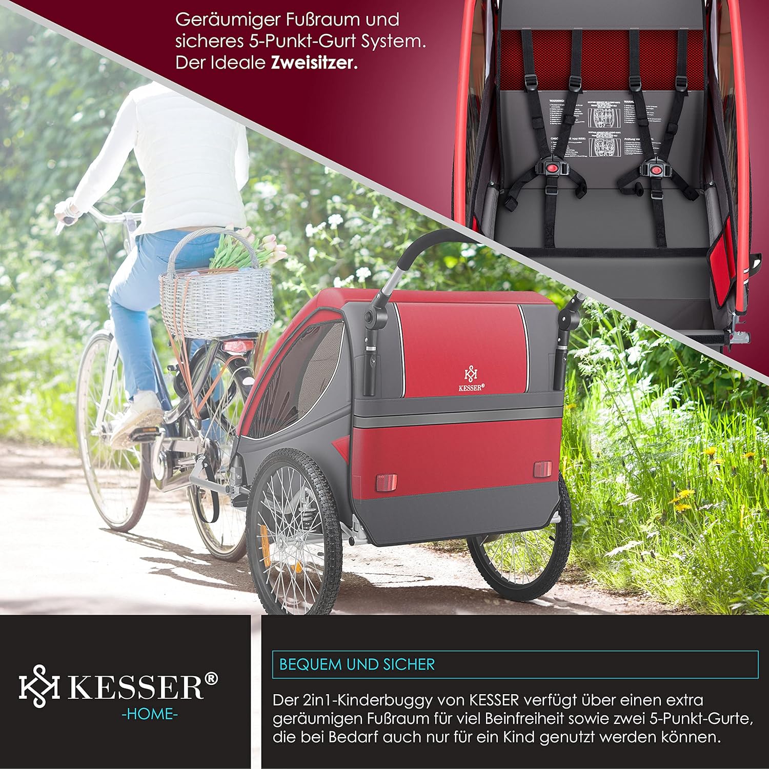 KESSER® Fietsaanhanger met vering - Max. 40kg - Rood