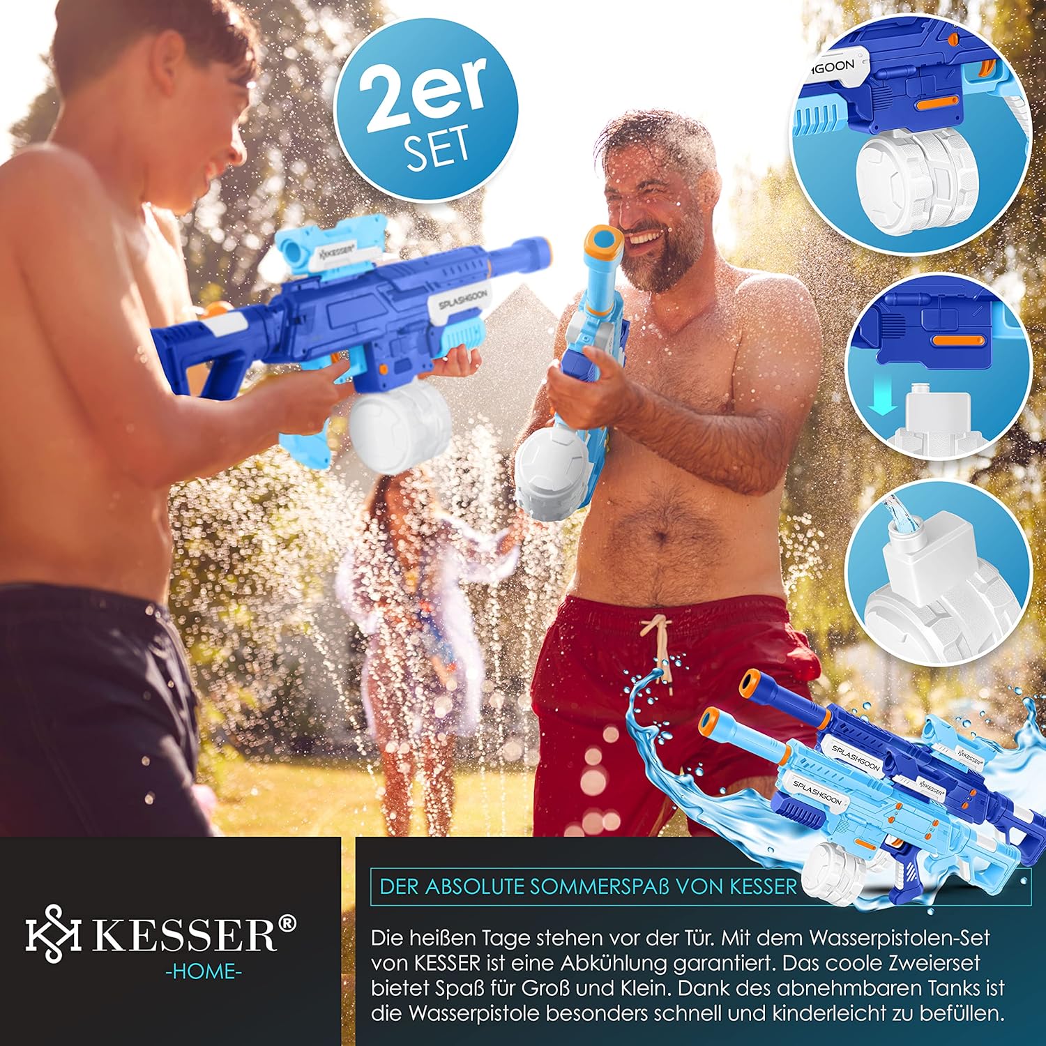 KESSER® Waterpistool set van 2 waterpistolen spuitpistolen incl. telescoopvizier zeer sterk bereik 8 m, inhoud 650 ml speelgoed buiten voor kinderen en volwassenen (lichtblauw/marineblauw)