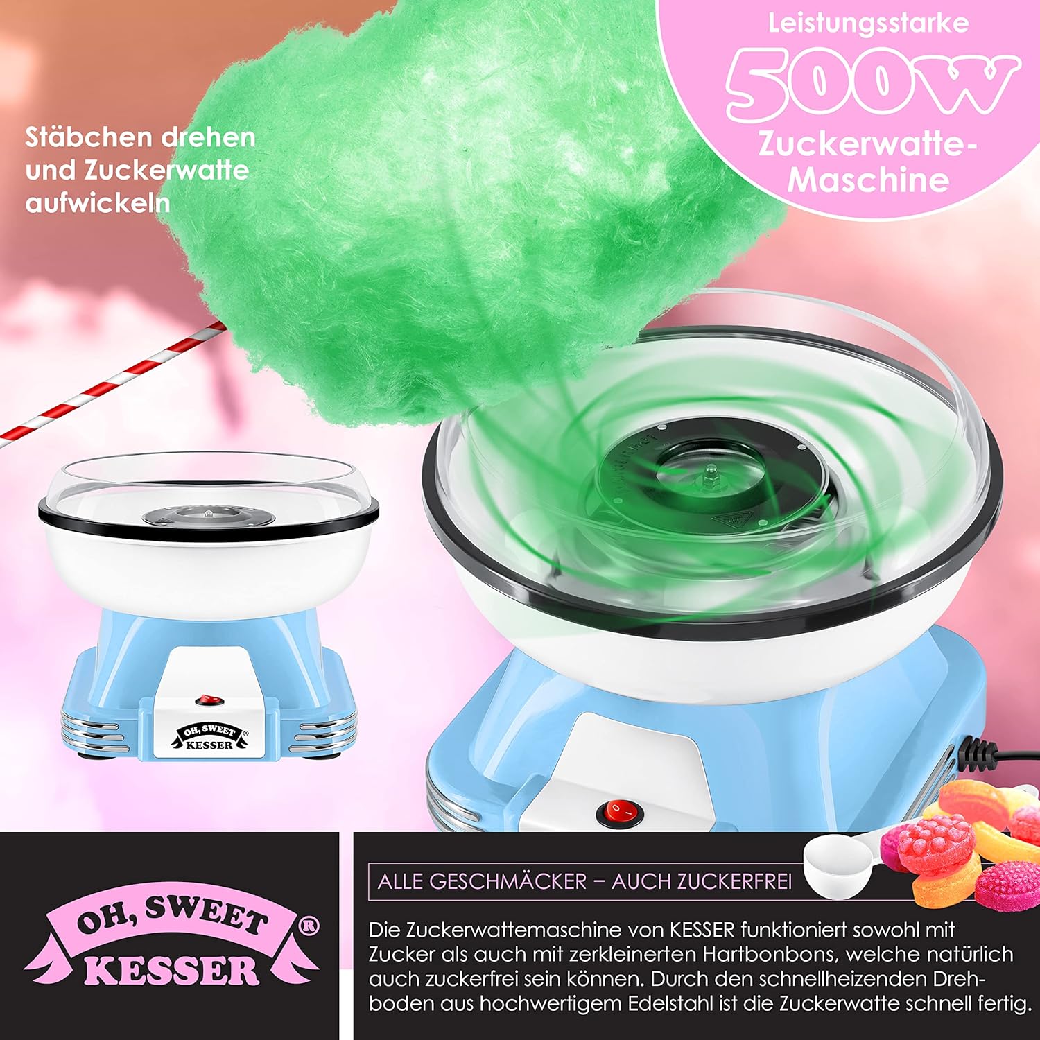 Suikerspinmachine - Retro - 500W - Blauw/Wit - KESSER®