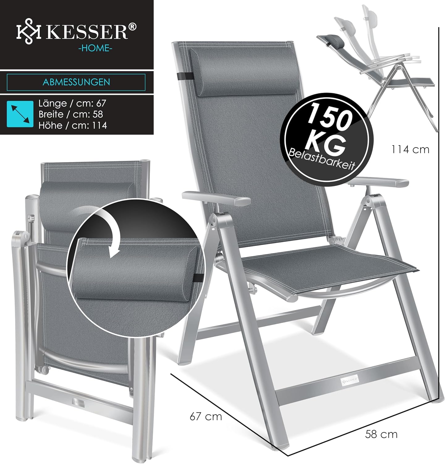 KESSER® Tuinstoel met hoge rugleuning met armleuningen, aluminium klapstoel met hoofdkussen en afdekking, campingstoel, 7-voudig verstelbare rugleuning, ademend en weerbestendig