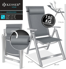 KESSER® Tuinstoel met hoge rugleuning met armleuningen, aluminium klapstoel met hoofdkussen en afdekking, campingstoel, 7-voudig verstelbare rugleuning, ademend en weerbestendig