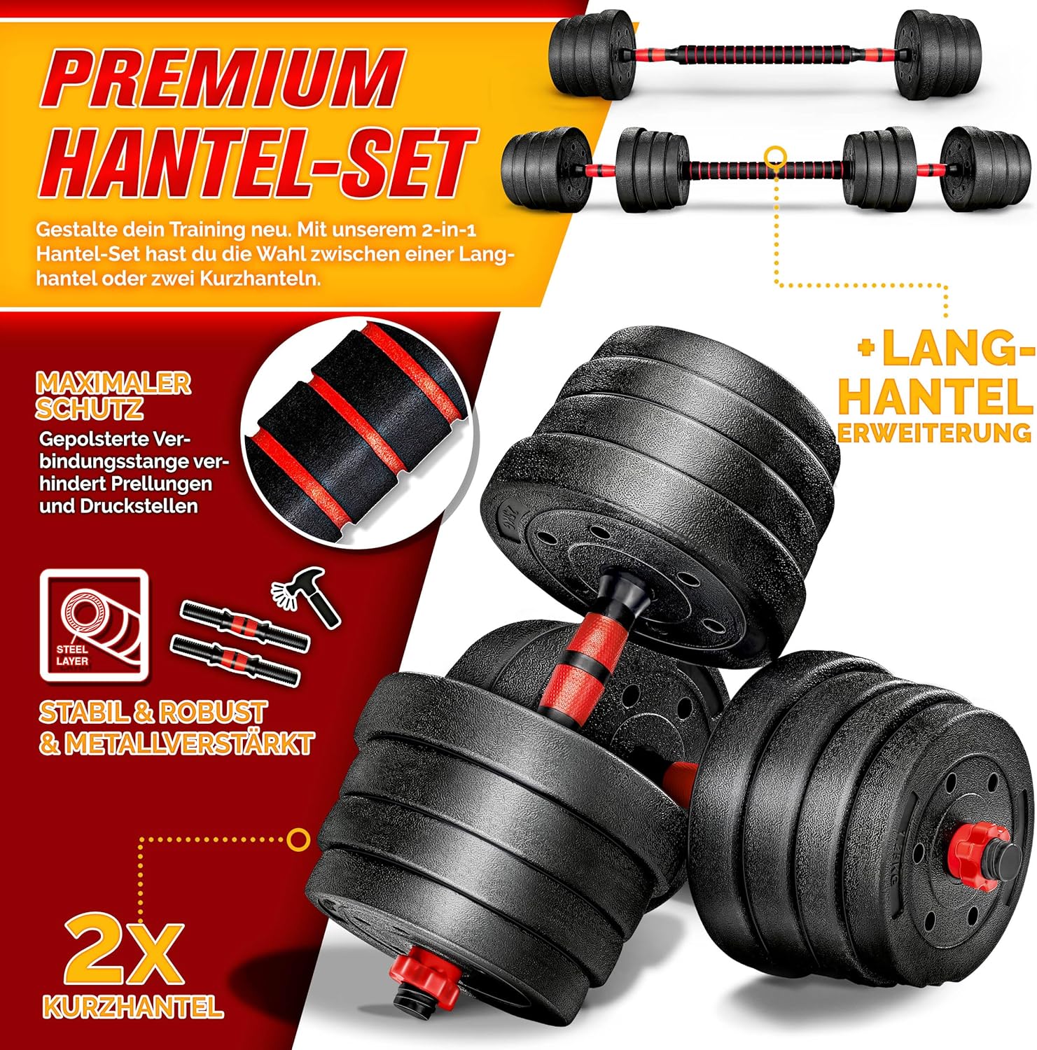 RE:SPORT 2-in-1 halterset, 30 kg, halterset verstelbaar, korte halter en lange halter, stersluitingen en verbindingsbuis