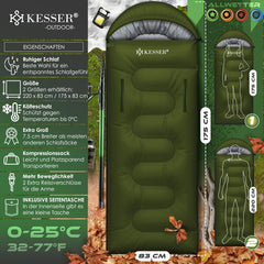 KESSER® Slaapzak voor buiten, dekenslaapzak, 3-4 seizoenen, campingslaapzak voor volwassenen en kinderen, licht, draagbaar, warm en waterafstotend, inclusief campinglamp en zijzak, groen
