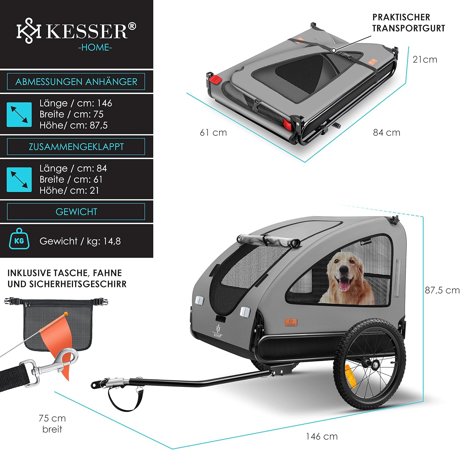 KESSER® Hundeanhänger Boxer 2-in-1 Hundebuggy Fahrradanhänger groß ca. 250L Volumen - Inkl. Fahne und Tasche - 600D Oxford Canvas, Klappbar SmartSpace Concept, max. 45kg