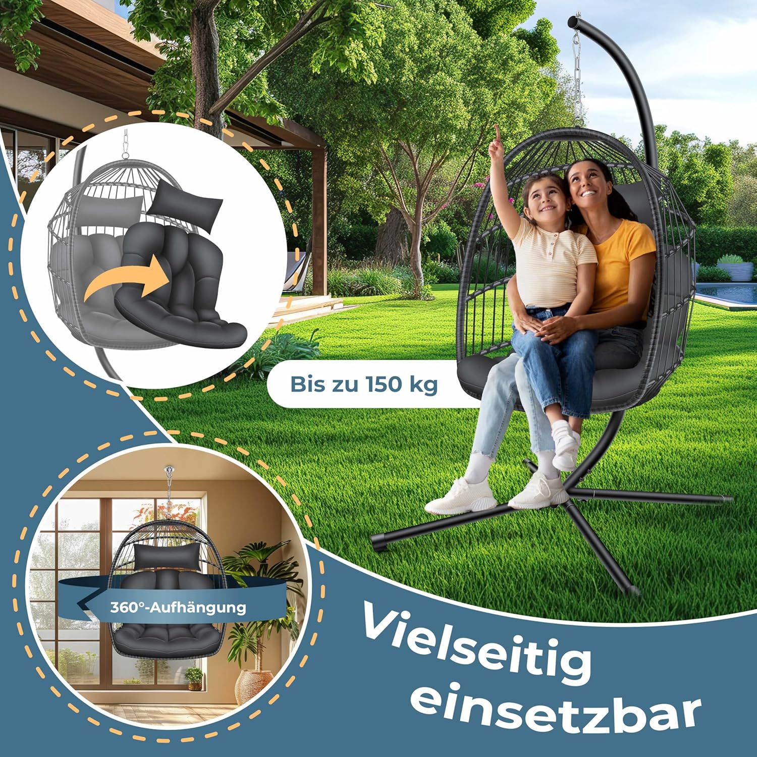 KESSER® Egg Hangstoel met Standaard - Tot 150kg - Antraciet