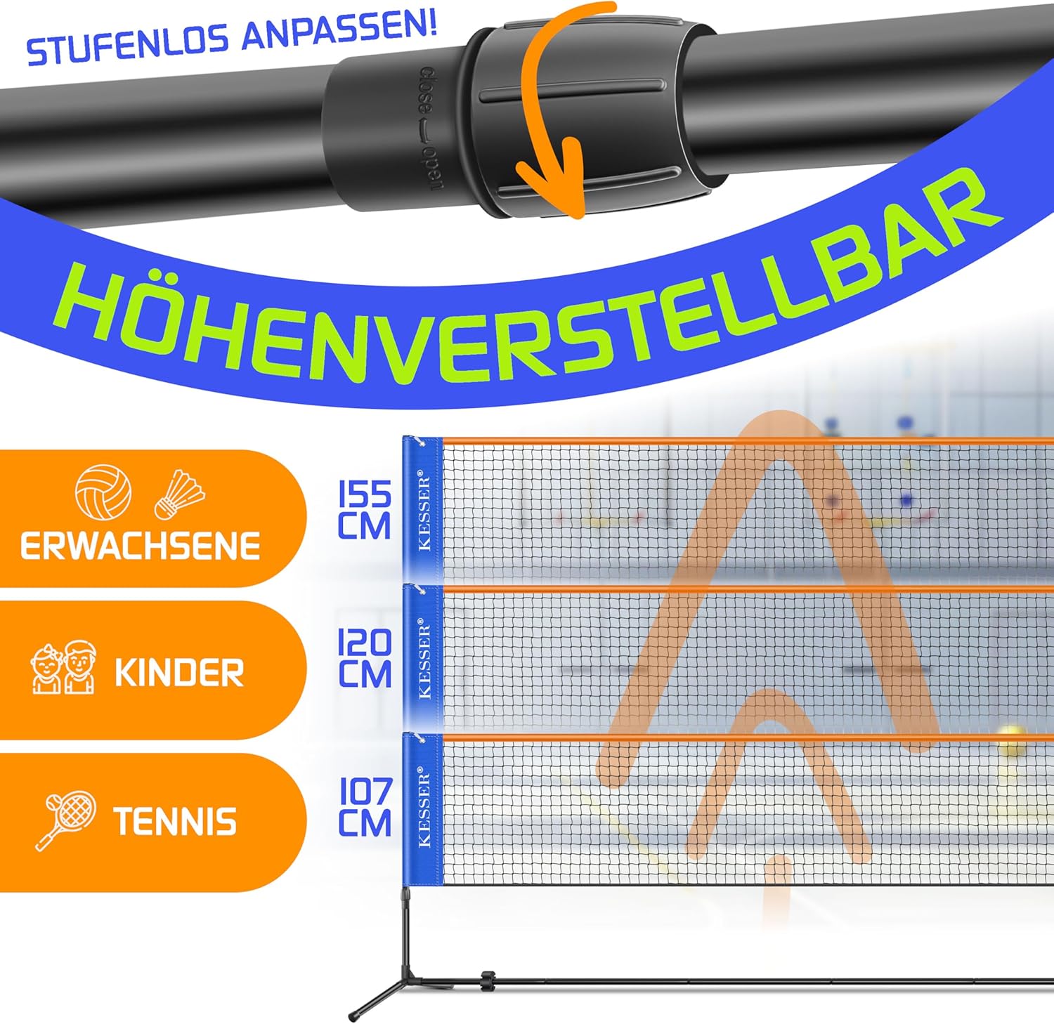 KESSER® Badmintonnet - Tennisnet - Volleybalnet - Verstelbaar - 300CM