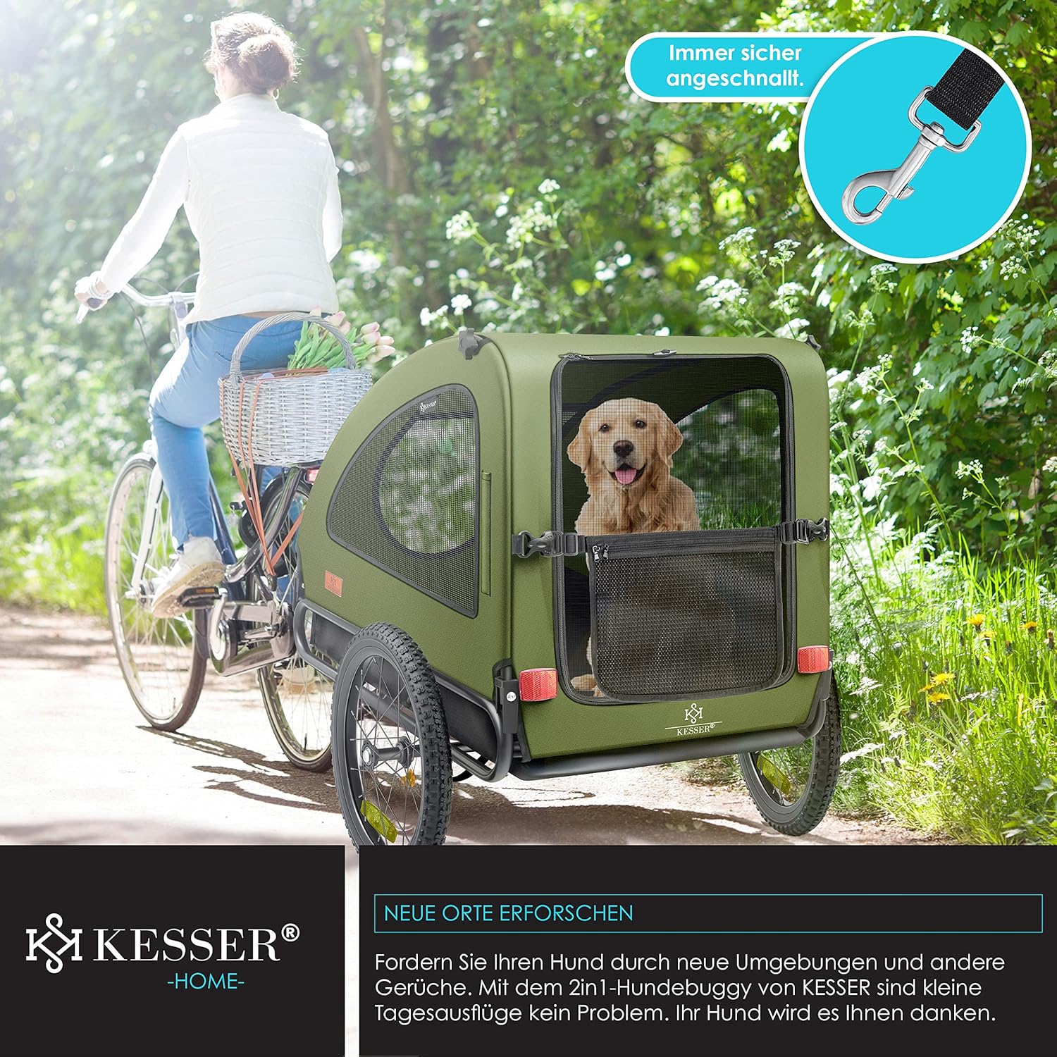 KESSER® Hundeanhänger Boxer 2-in-1 Hundebuggy Fahrradanhänger groß ca. 250L Volumen - Inkl. Fahne und Tasche - 600D Oxford Canvas, Klappbar SmartSpace Concept, max. 45kg