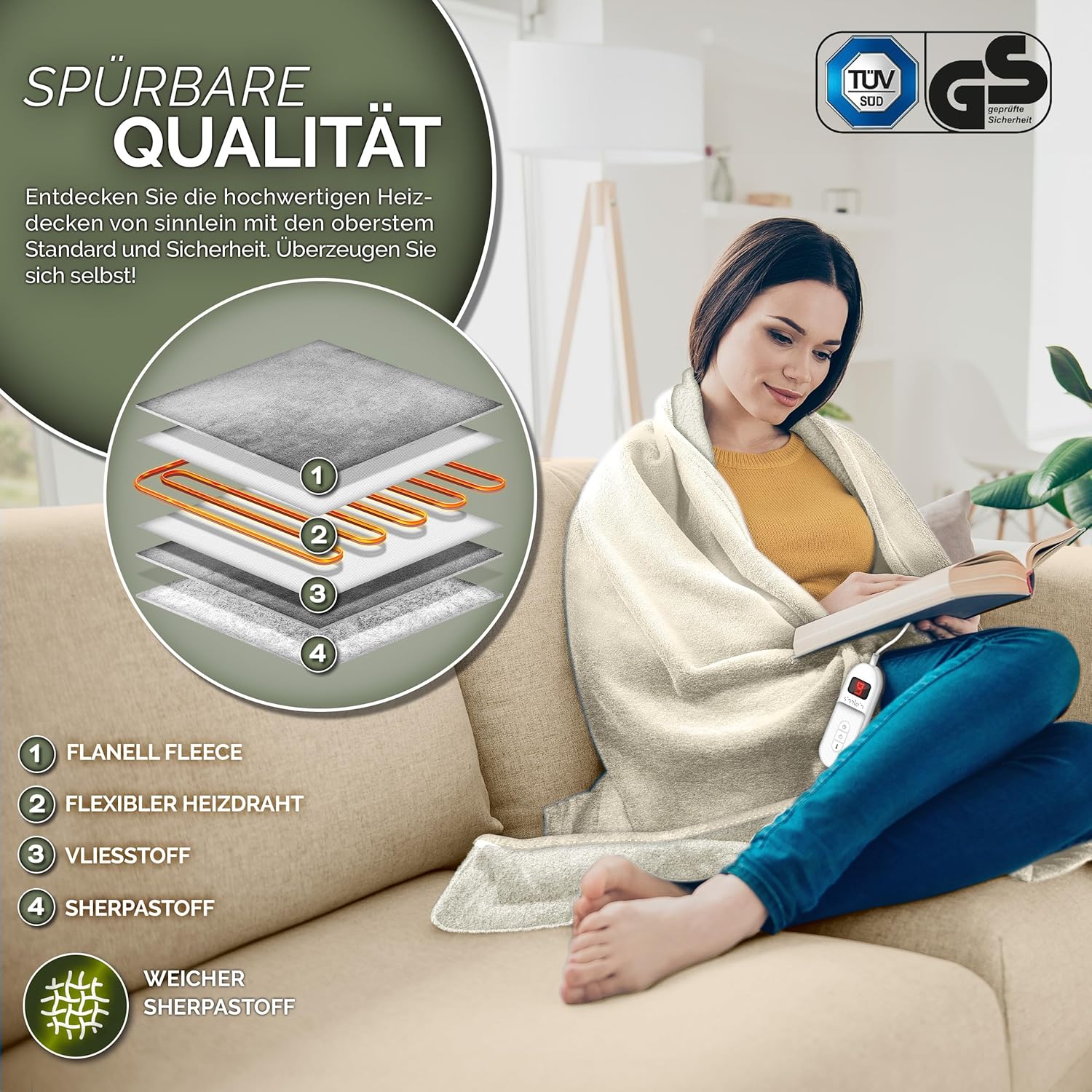 sinnlein® Elektrische deken met automatische uitschakeling, 180 x 130 cm, elektrische warmtedeken met 9 temperatuurniveaus, knuffeldeken, wasbaar, bed, bank, elektrische deken, beige