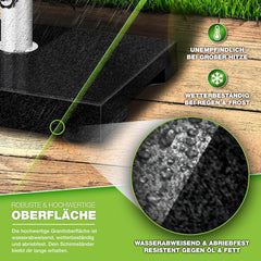 tillvex® Granieten parasolstandaard met draaggreep, 25 kg, rechthoekig, parasolstandaard met roestvrijstalen buis, balkonparasolstandaard voor parasolstokken van 16-48 mm en 250 cm parasoldiameter