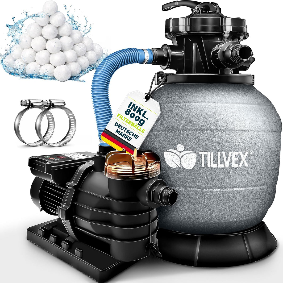 tillvex Zandfilterinstallatie zwembad met timer 10 m³/h incl. 800 g filterballen | filterinstallatie 7-weg ventiel & 2-in-1 adapter Ø 32 mm - 38 mm | zwembadfilter met drukweergave