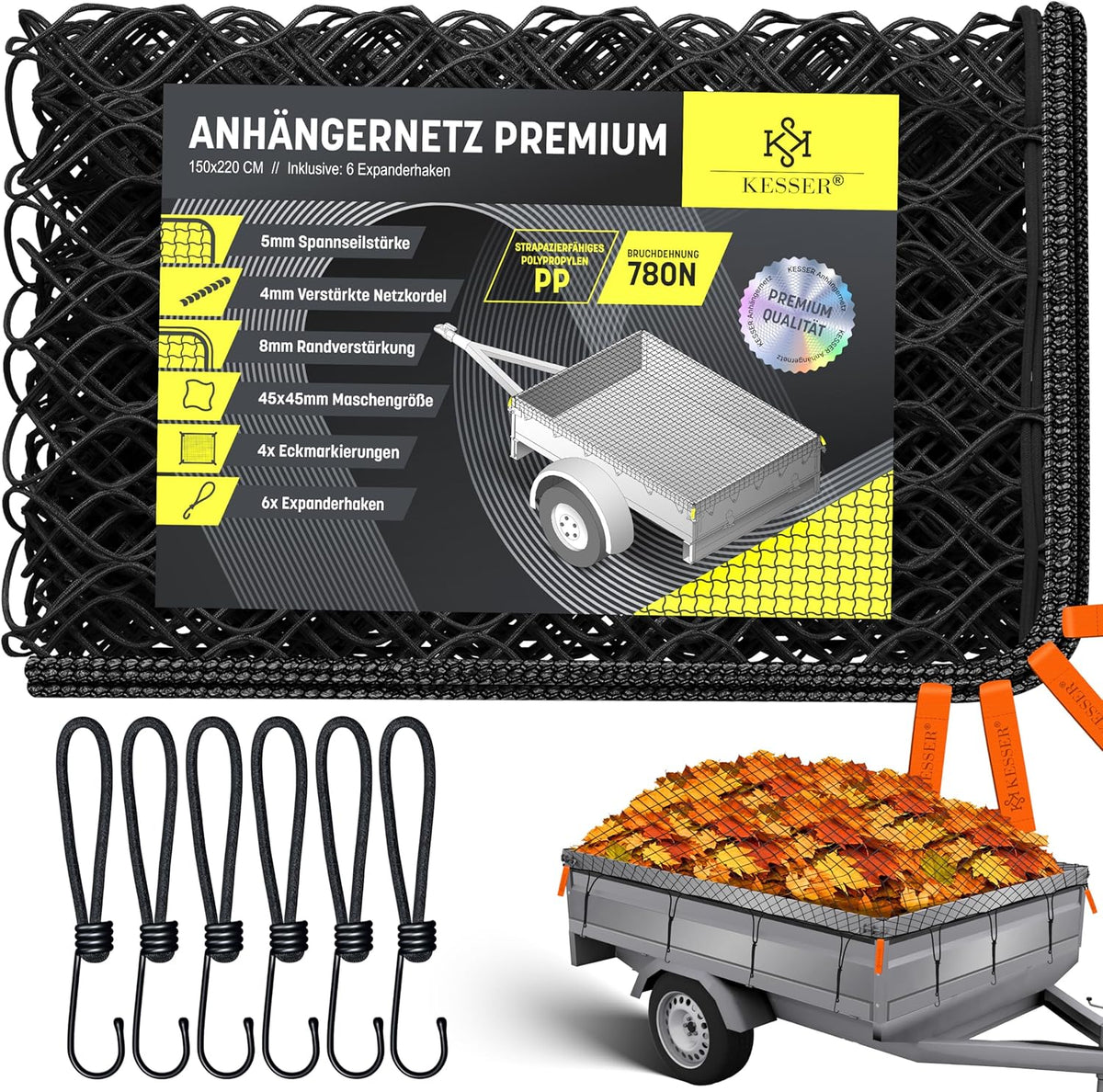 KESSER® Aanhangernet met spankabel - 1,5x2,2m - Zwart