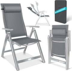 KESSER® Tuinstoel met hoge rugleuning met armleuningen, aluminium klapstoel met hoofdkussen en afdekking, campingstoel, 7-voudig verstelbare rugleuning, ademend en weerbestendig