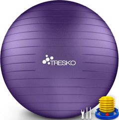 Tresko Gymnastiekbal met gratis oefenposter, inclusief luchtpomp, BPA-vrij, 85 cm, zitbal, yogabal, ontploft niet (belastbaarheid 300 kg), voor fitness, yoga, Pilates, paars