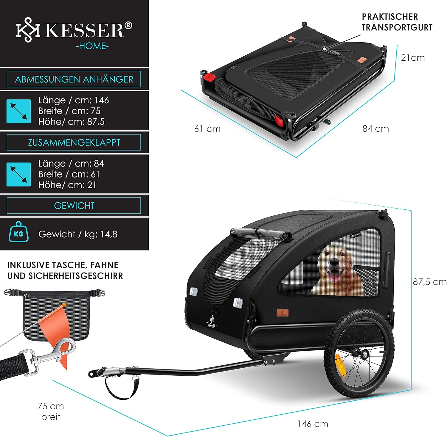 KESSER® Hundeanhänger Boxer 2-in-1 Hundebuggy Fahrradanhänger groß ca. 250L Volumen - Inkl. Fahne und Tasche - 600D Oxford Canvas, Klappbar SmartSpace Concept, max. 45kg