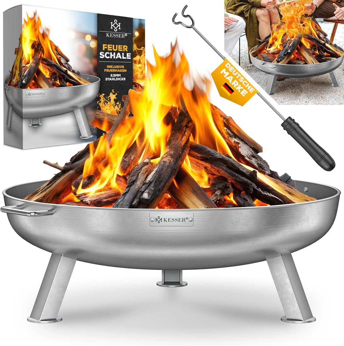 KESSER® Vuurschaal, 2,5 mm staaldikte, vuurkorf Ø 80 cm, roestvrij staal, vuurton + 42 cm vuurhaak, gietijzeren waterafvoer en 2 stabiele handgrepen, hout en kolen, haard voor kampvuur, tuin en terras