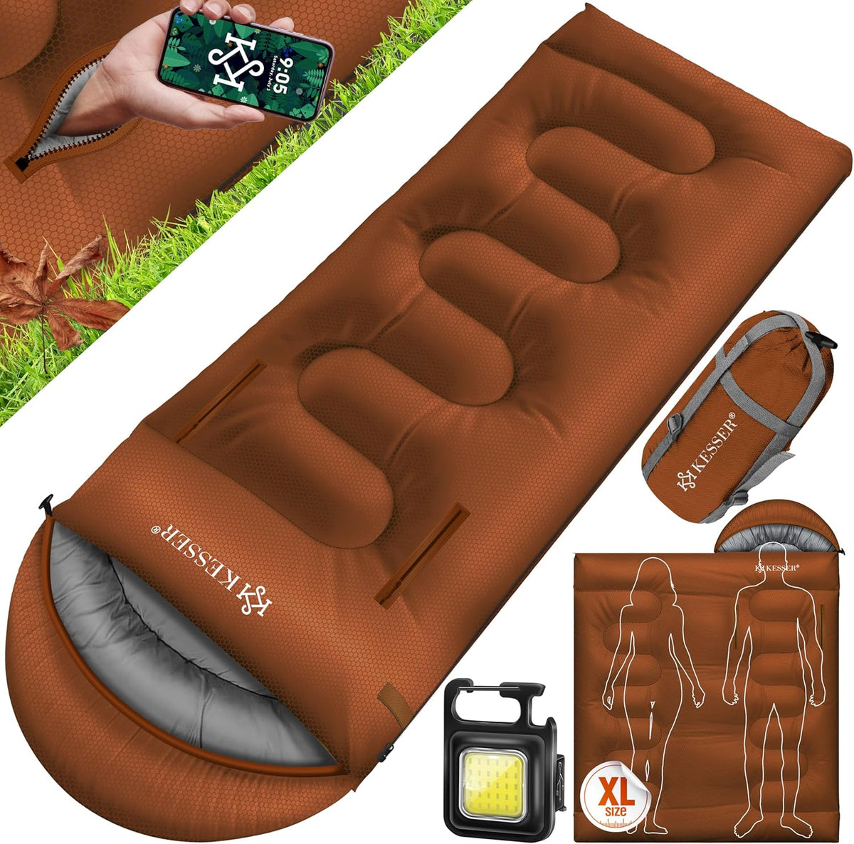 KESSER® Slaapzak voor buiten, dekenslaapzak, 3-4 seizoenen, campingslaapzak voor volwassenen en kinderen, licht, draagbaar, warm en waterafstotend, inclusief campinglamp en zijzak