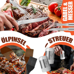 KESSER® Barbecuebestekset, 37-delig, van roestvrij staal, grillset met grilltang, grillspatel, grillvork, grillspies, thermometer, kurkentrekker, grillmat en tas