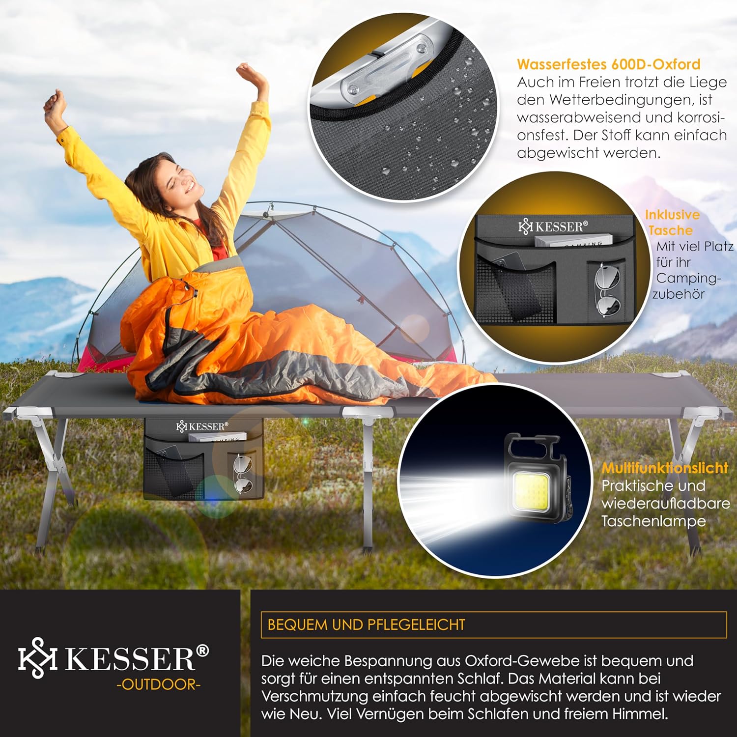KESSER® Campingbed, opklapbed, incl. draagtas, campinglicht en zijtas, in 190 cm, stabiel veldbed, 150 kg belastbaar, metalen buis, 600D Oxford-weefsel, draagbaar ligbed, comfortabel voor op