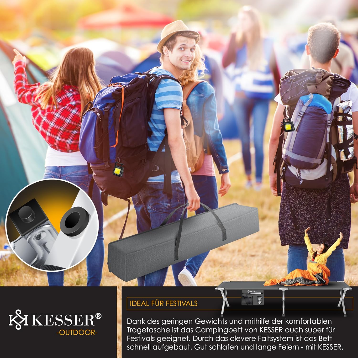 KESSER® Campingbed, opklapbed, incl. draagtas, campinglicht en zijtas, in 190 cm, stabiel veldbed, 150 kg belastbaar, metalen buis, 600D Oxford-weefsel, draagbaar ligbed, comfortabel voor op