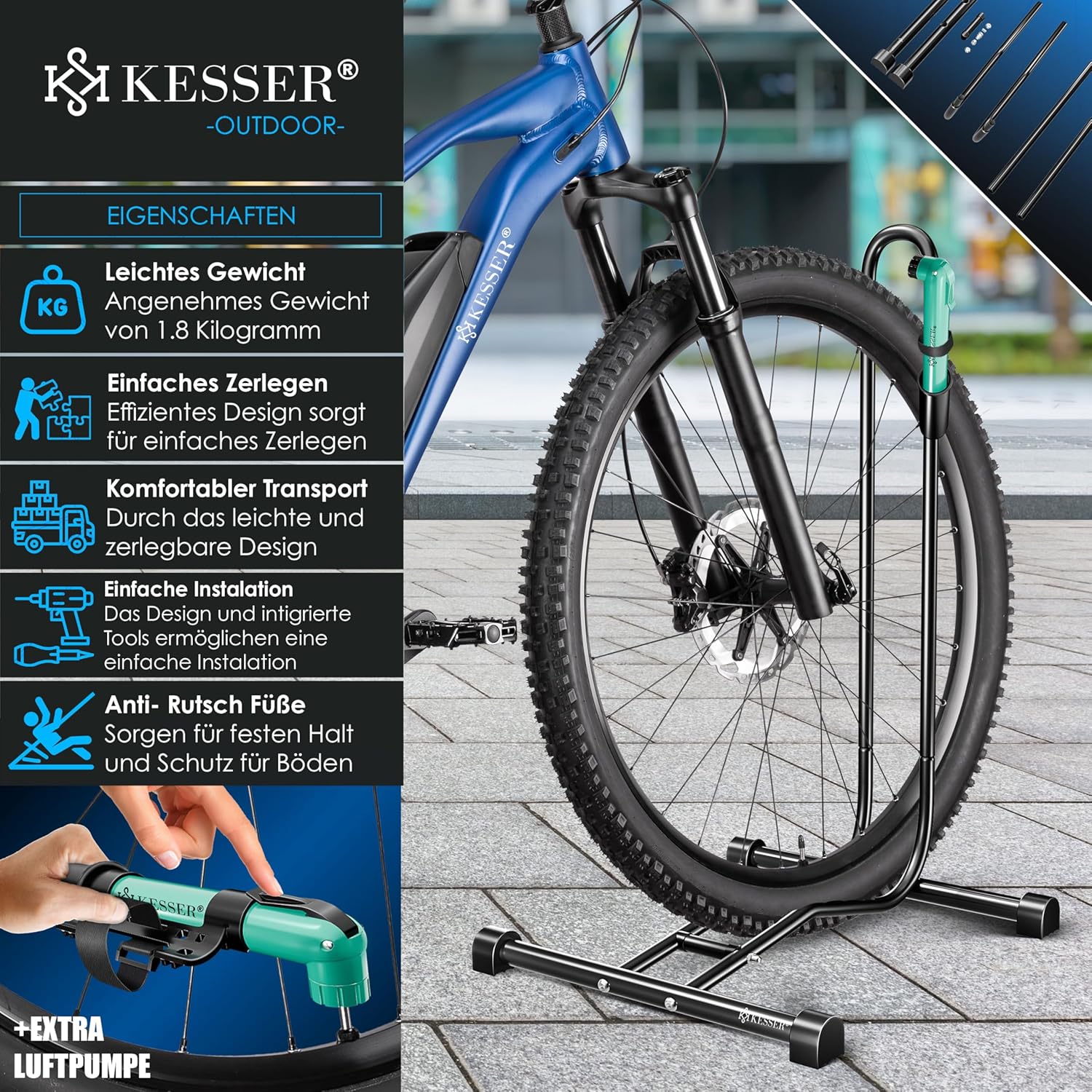 KESSER® Fietsstandaard grond afzonderlijk voor mountainbike, e-bike, stadsfiets, racefiets, MTB | fietsmontagestandaard | vrijstaande fietshouder standaard ijzer | bandbreedte tot 65 mm