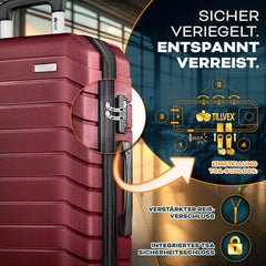 tillvex® Reiskofferset 4-delig + bagageweegschaal, 8 x kofferriemen en 4 x kofferlabels, kofferset met 4 wielen, trolley, bagage, koffer, TSA-slot, kofferset met harde schaal, S-M-L-XL, rood, modern