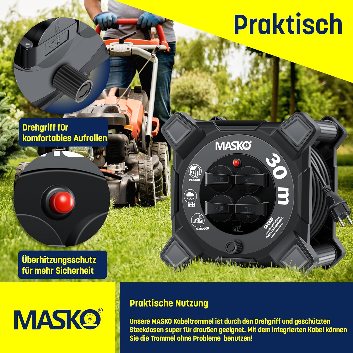 Masko® Kabelhaspel 20 m, verlengkabel met geaarde stopcontacten en wikkelgreep, outdoor kabelhaspel thermobescherming, apparaattrommel IP44, 1000 W ~ 3000 W, inclusief draaggreep en