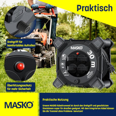 Masko® Kabelhaspel 30m - Verlengkabel - IP44 - Zwart •