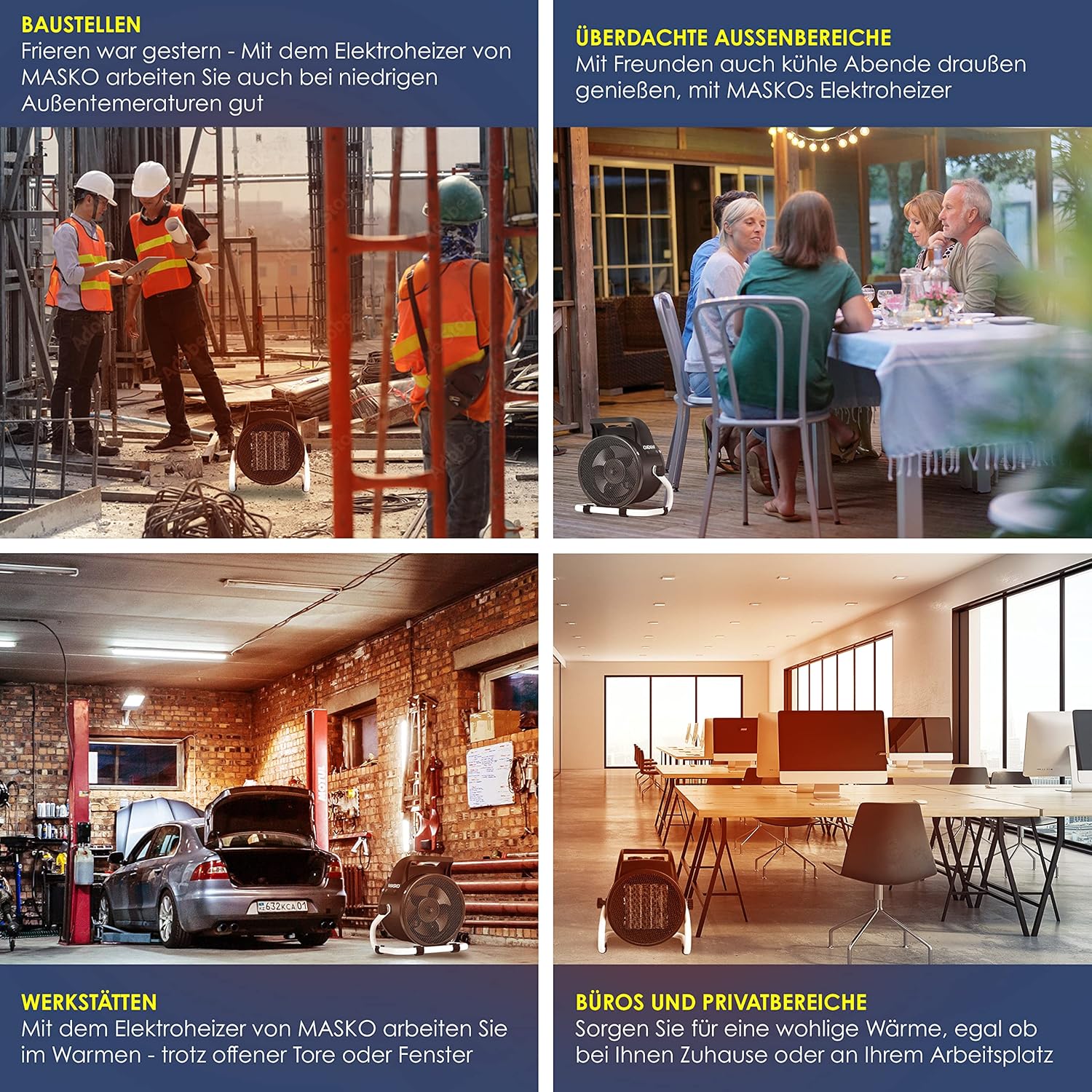 MASKO® Elektrische verwarming, ventilatorkachel, bouwverwarming, keramische warmtestraler, elektrische verwarming met thermostaat, elektrische verwarming met 3 warmtestanden, verwarmingsventilator