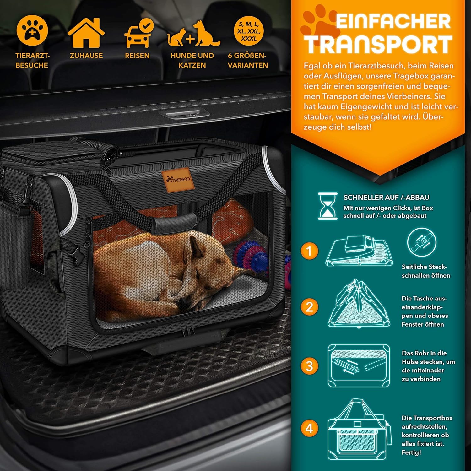 TRESKO® Hondenbench - Hondenbox - Transportbox - 61x42x42 - Zwart