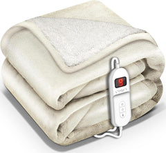 sinnlein® Elektrische deken met automatische uitschakeling, 180 x 130 cm, elektrische warmtedeken met 9 temperatuurniveaus, knuffeldeken, wasbaar, bed, bank, elektrische deken, beige