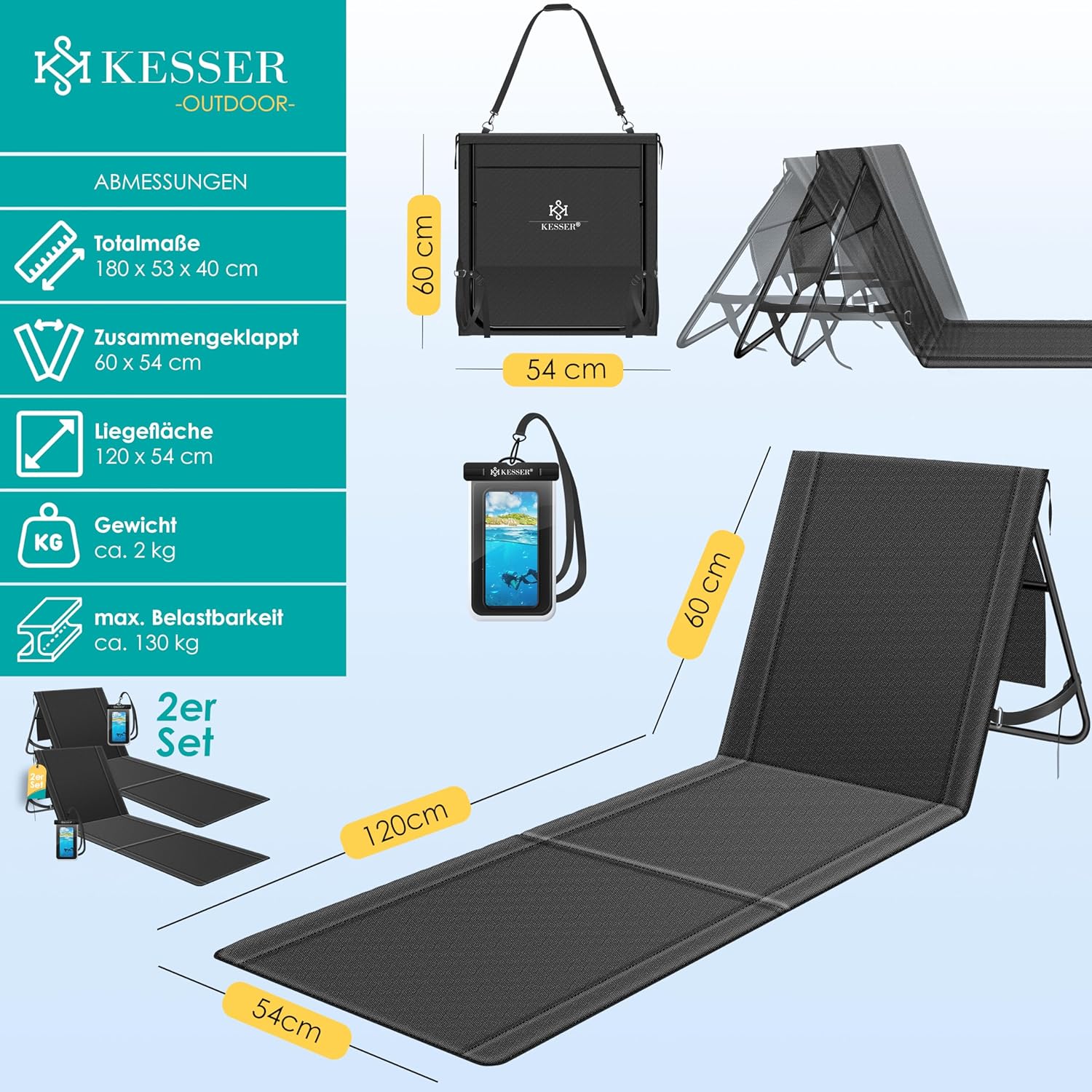KESSER® Opvouwbare strandmatten - Ligstoel - Set van 2 - Zwart