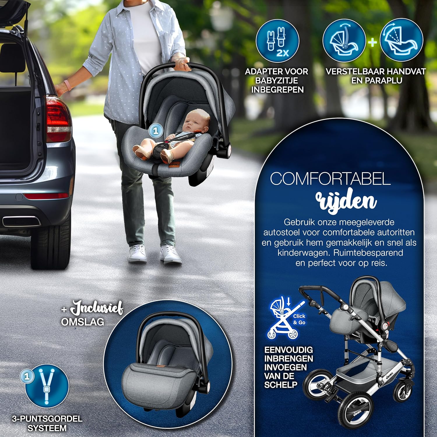 Kinderwagen 3 in 1 - Buggy - Wandelwagen - Kinderbuggy - Lichtgrijs - KIDUKU®