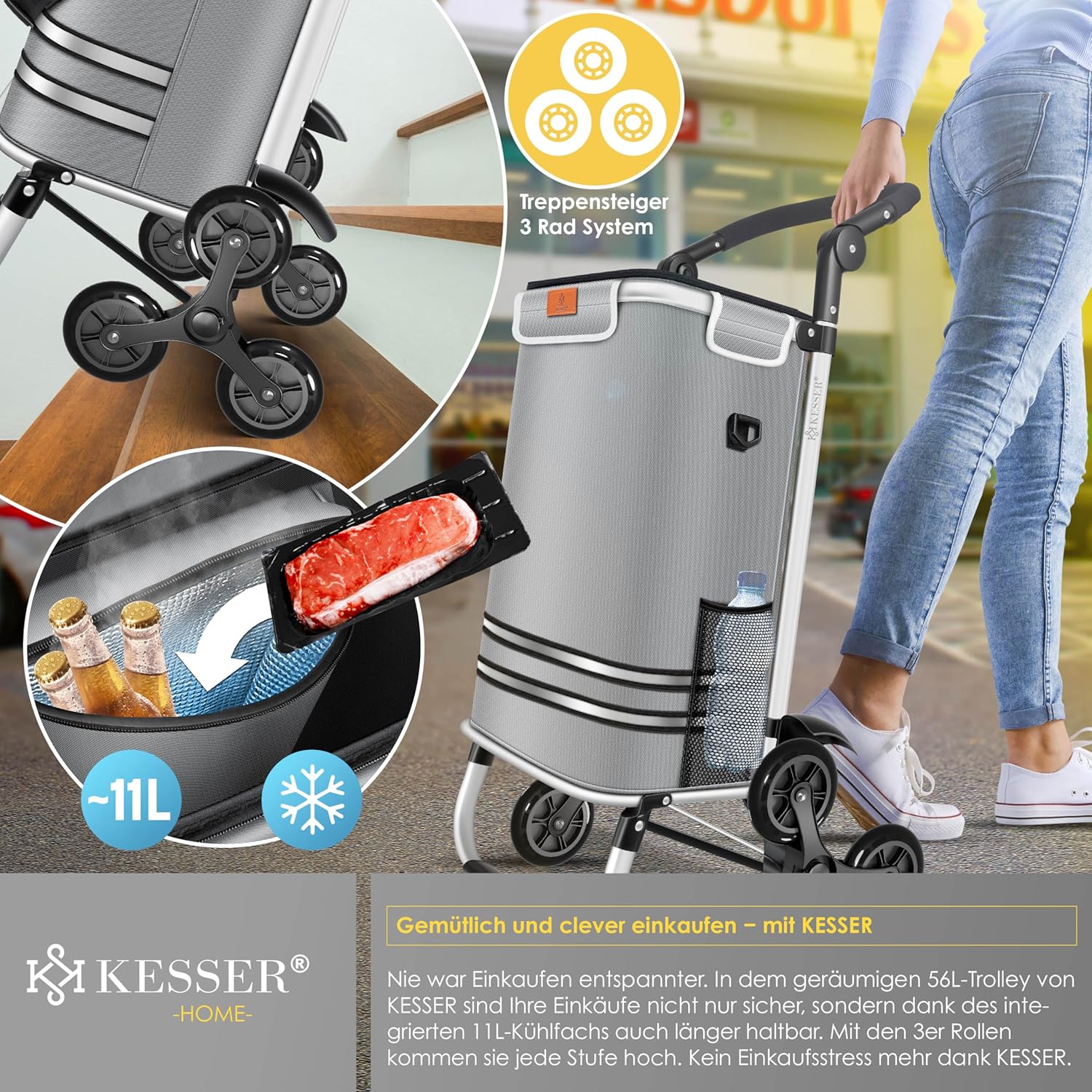 KESSER® Boodschappentrolley - Boodschappenwagen - 56L - tot 50kg  - Grijs