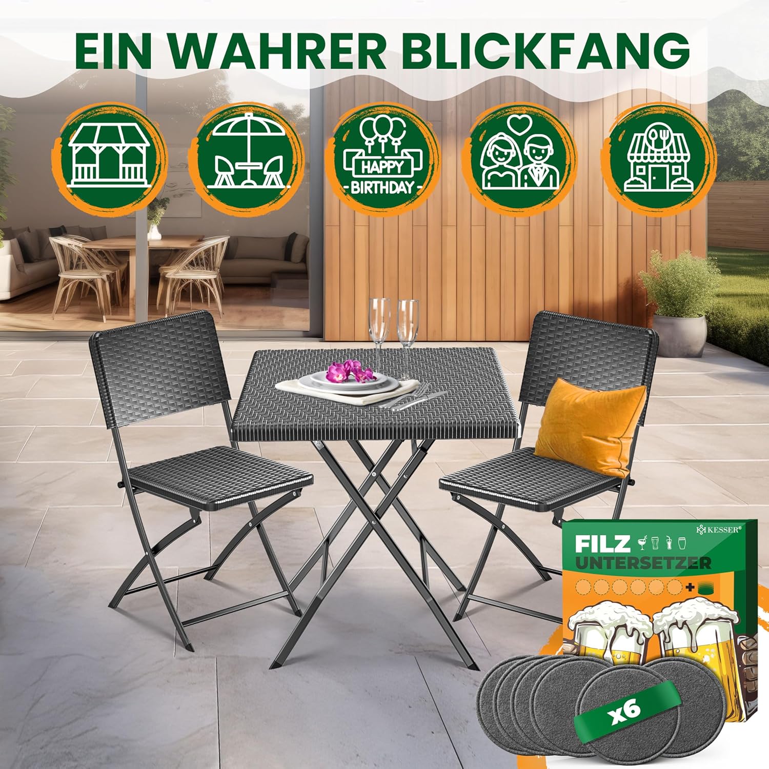 KESSER® Bistroset 3-delige balkontafel met 2 stoelen, balkonmeubel, weerbestendig en uv-bestendig, balkonset, inklapbare zitgroep, gecoat staal en rotan-look, tuinmeubelset met 6 vilten onderzetters