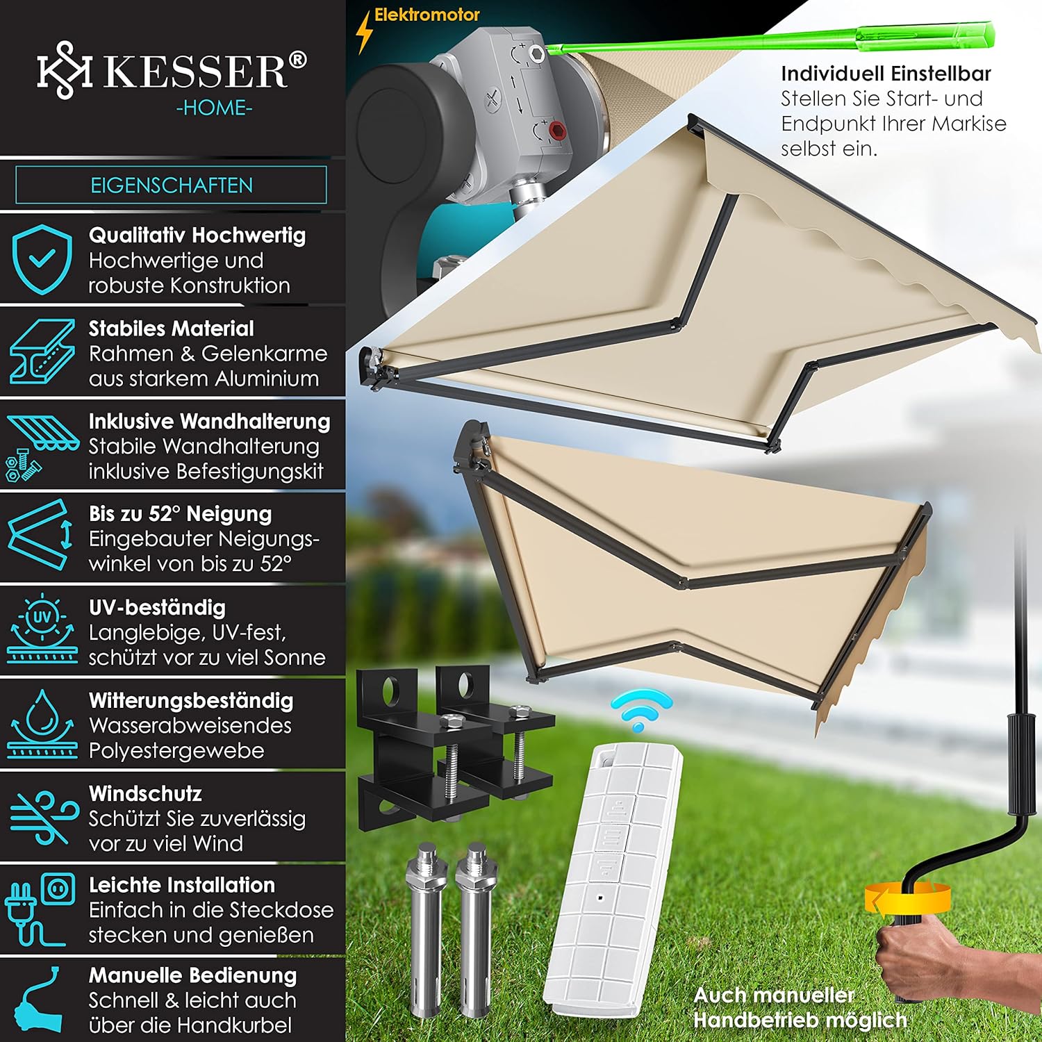 Elektrische Luifel - Zonnescherm - 250x200cm - Beige - KESSER®