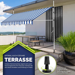 tillvex Klemluifel met handslinger, voor balkon, balkonluifel zonder boren, luifel uv-bestendig en in hoogte verstelbaar, zonwering, waterdicht (blauw-wit, 150 cm)