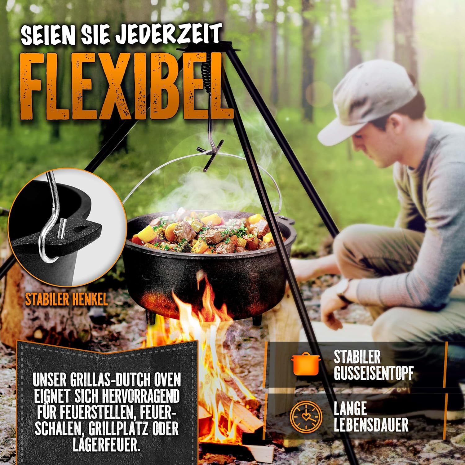Grillas® Dutch Oven Set - 9L - Vuurpan - Stoofpan - Gietijzeren pan
