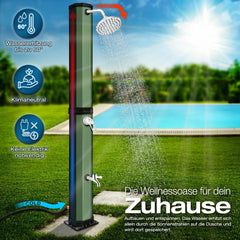 tillvex Zonnedouche 35 liter incl. afdekking, tuindouche op zonne-energie, warm water, zwembaddouche, camping, zonder stroomaansluiting, met kraan, tuinslangaansluiting (zwart/groen, 35 liter)