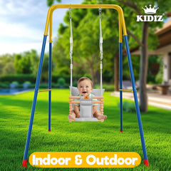 KIDIZ® Babyschommel, kinderschommel, schommelzitje met bekleding, houten schommel met anti-kantelfunctie, tot 60 kg, in hoogte verstelbaar, binnen en buiten, 0,5-3 jaar, montageaccessoires en