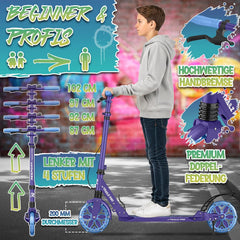 RE:SPORT® Citystep voor kinderen en volwassenen met led, bel en draagriem, Kickscooter step incl. handrem & dubbele vering, paars