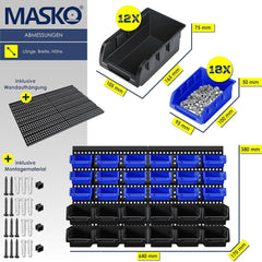Masko Stapelboxen, wandrek, 32-delig, box, opbergkast, stapelbox, opbergbox, legbordstelling, boekenkast, zwart, blauw